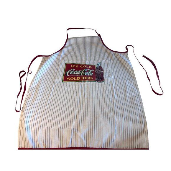 Coca-Cola Apron Red White Striped Adjustable D-Ring dated 1990 Large Pocket Vtg - Picture 2 of 8